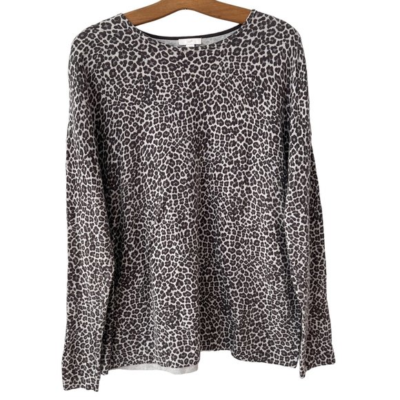 J. Jill Leopard Long Sleeve Sweater Top Womens L Crewneck Cotton Blend Gray - Picture 1 of 8
